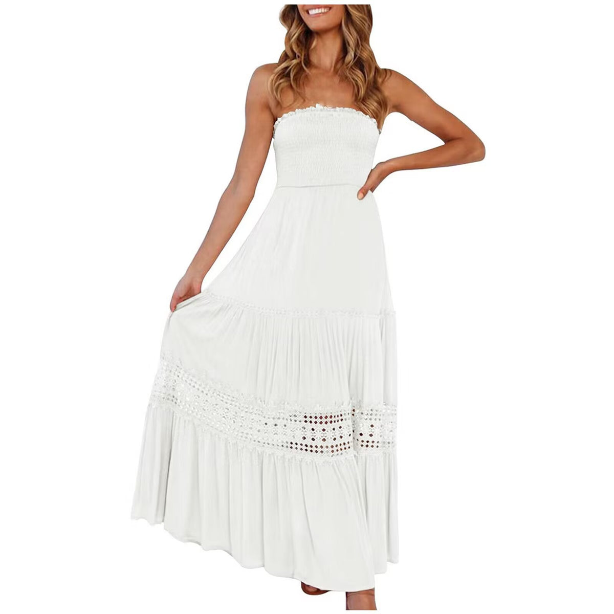 Strapless Smocked Bodice Crochet Lace Insert Tiered Boho Maxi Dress 2