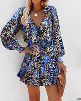 Floral V-Neck Long Sleeve Tiered Ruffle Mini Dress 7