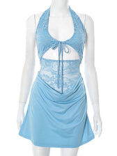 Solid Color Sleeveless Backless Halter Cutout Lace Dress - View 2