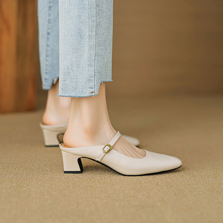 Square Toe Buckle Strap Block Heel Mules