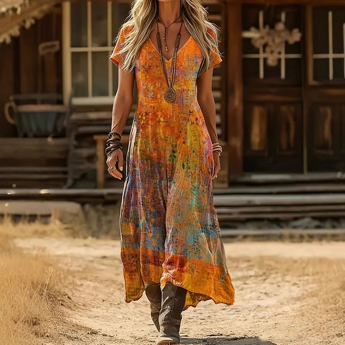 Boho Abstract Print V-Neck Short Sleeve Flowy Maxi Dress