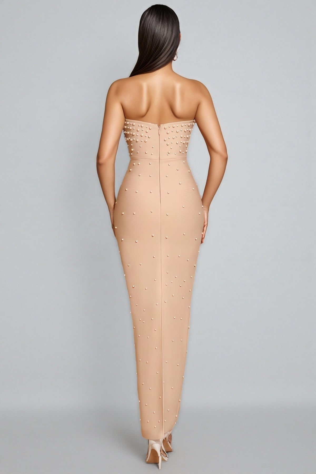 Strapless Faux Pearl Embellished Bandage Bodycon Maxi Dress 6