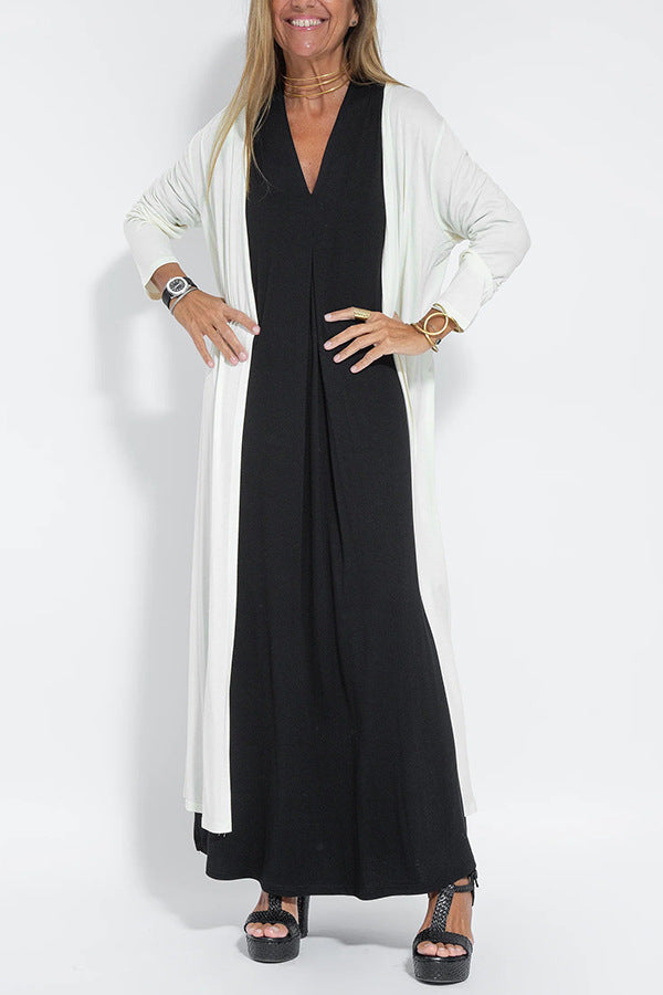 Elegant V-neck Sleeveless Long Dress Matching Vest Cardigan