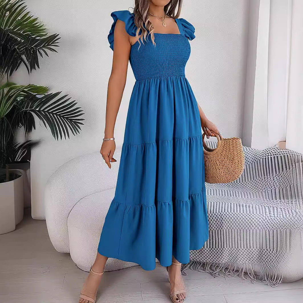 Square Neck Flutter Sleeve Smocked Bodice Tiered Maxi Dress