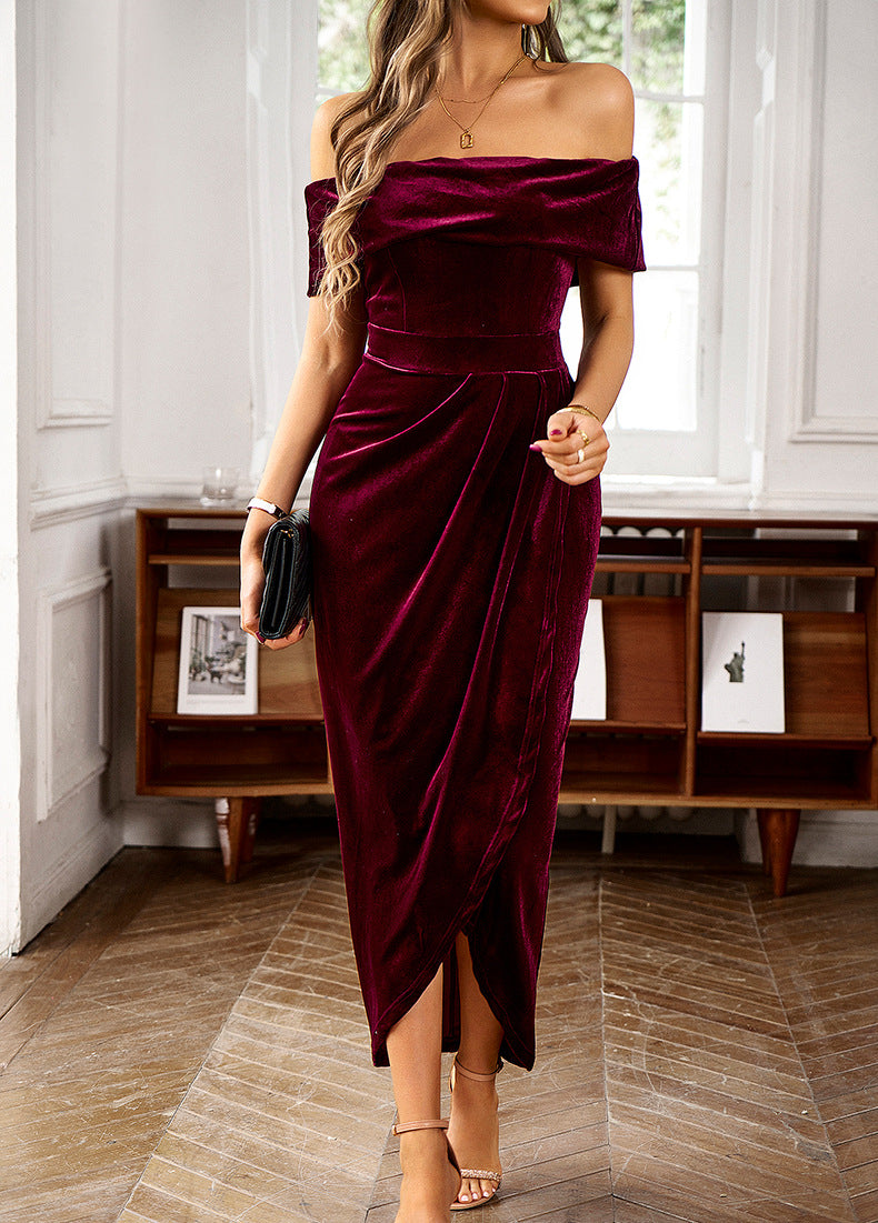 Velvet Off Shoulder Wrap Skirt Tulip Hem High Split Bodycon Midi Dress