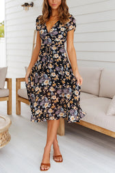 Floral V-Neck Short Sleeve Wrap Midi Dress Summer 10