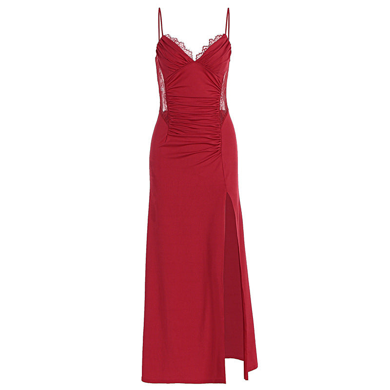Lace Trim V-Neck Ruched Bodice Cami Bodycon Split Dress 6