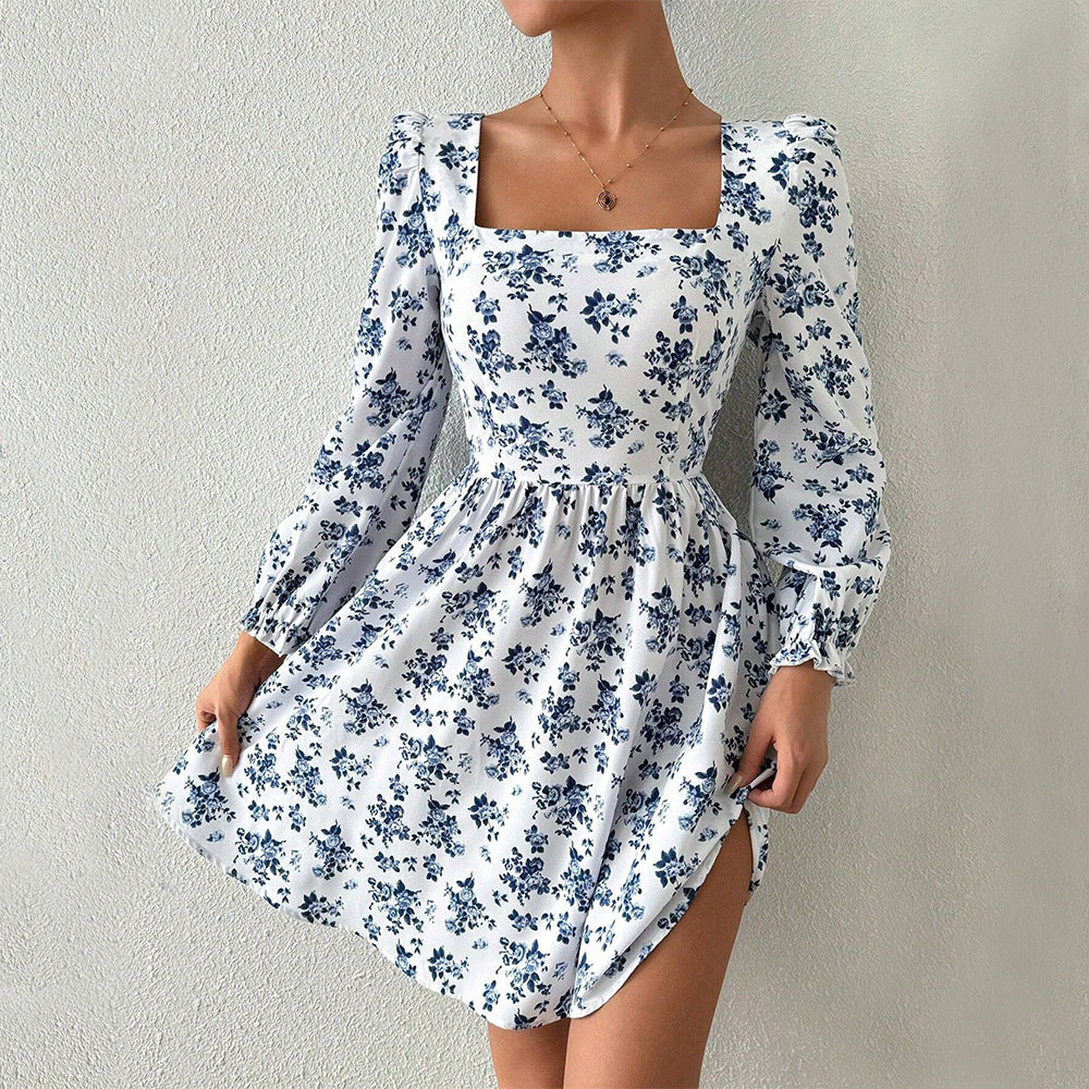 Floral Square Neck Long Puff Sleeve Fit and Flare Mini Dress