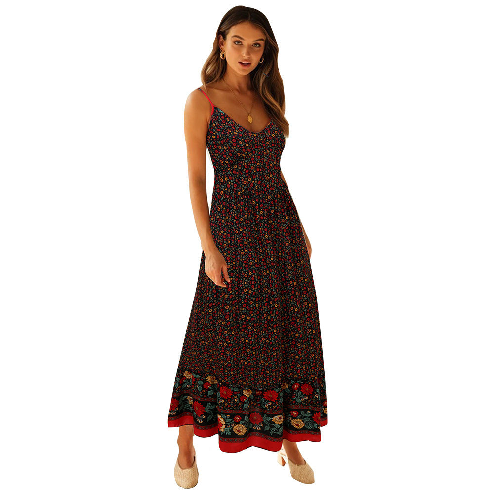 Boho Ditsy Floral Print V-Neck Spaghetti Strap Border Hem Maxi Dress 7