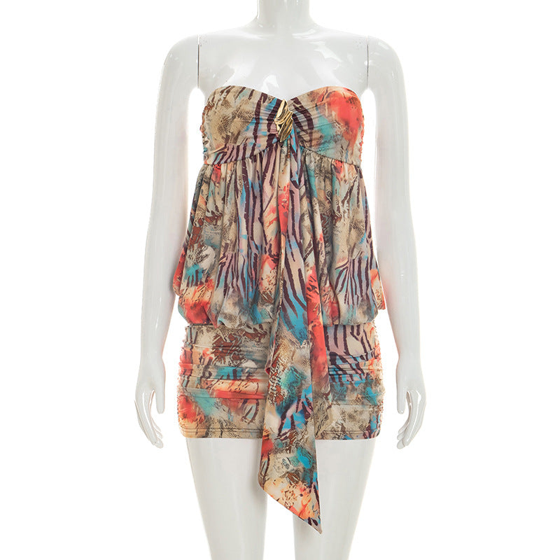 Abstract Print Mesh Strapless Brooch Tie Front Ruched Mini Dress 2