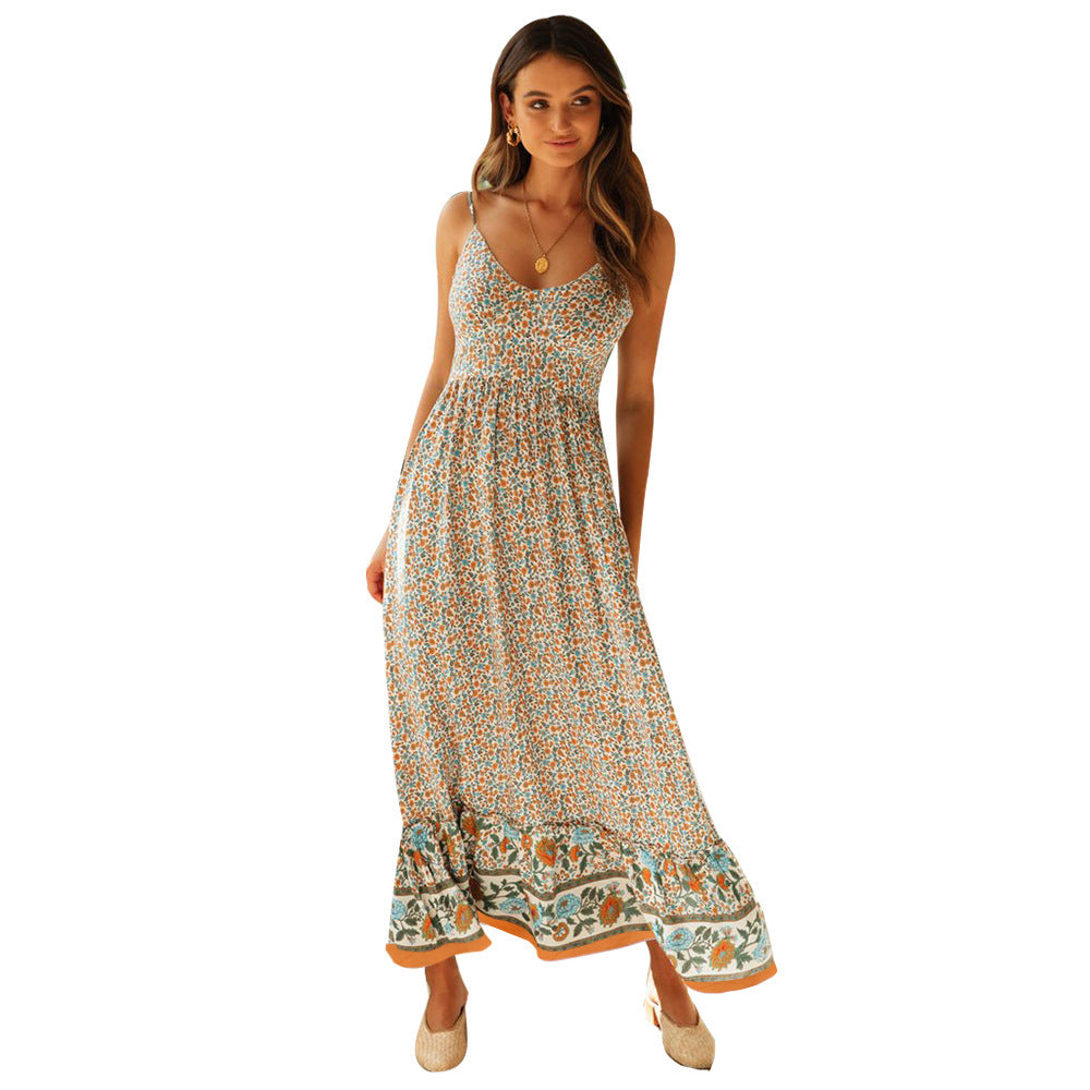 Boho Ditsy Floral Print V-Neck Spaghetti Strap Border Hem Maxi Dress 8