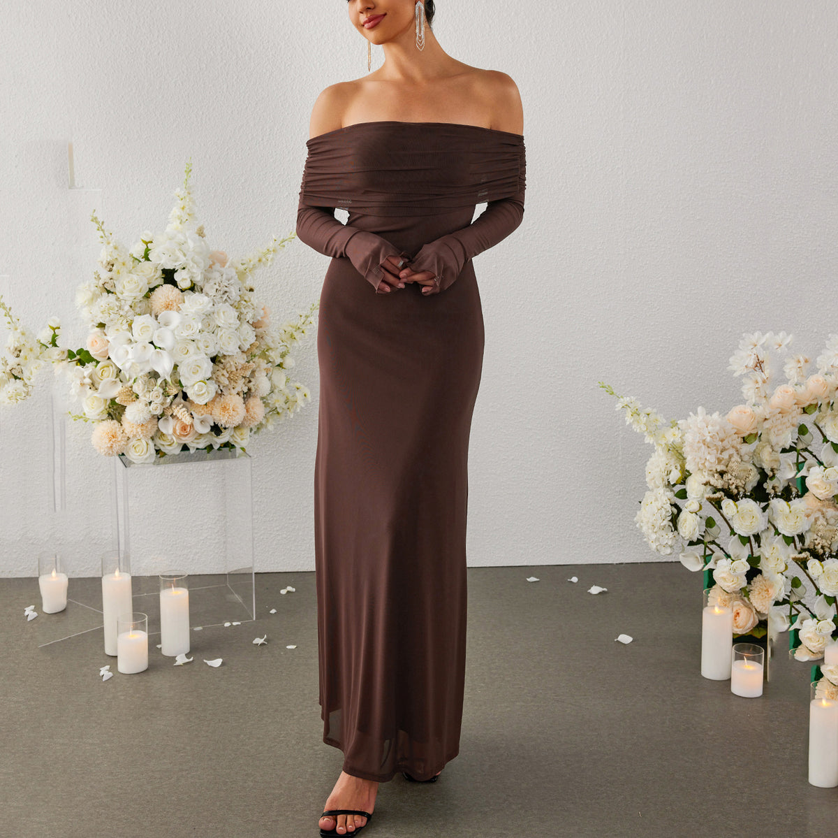 Mesh Long Sleeve Dress Sexy Backless off Shoulder Sheath Long Formal Dress