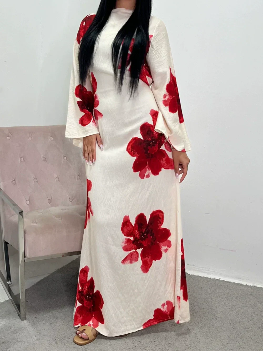 Printed dress with a tight waist maxi dress Apricot