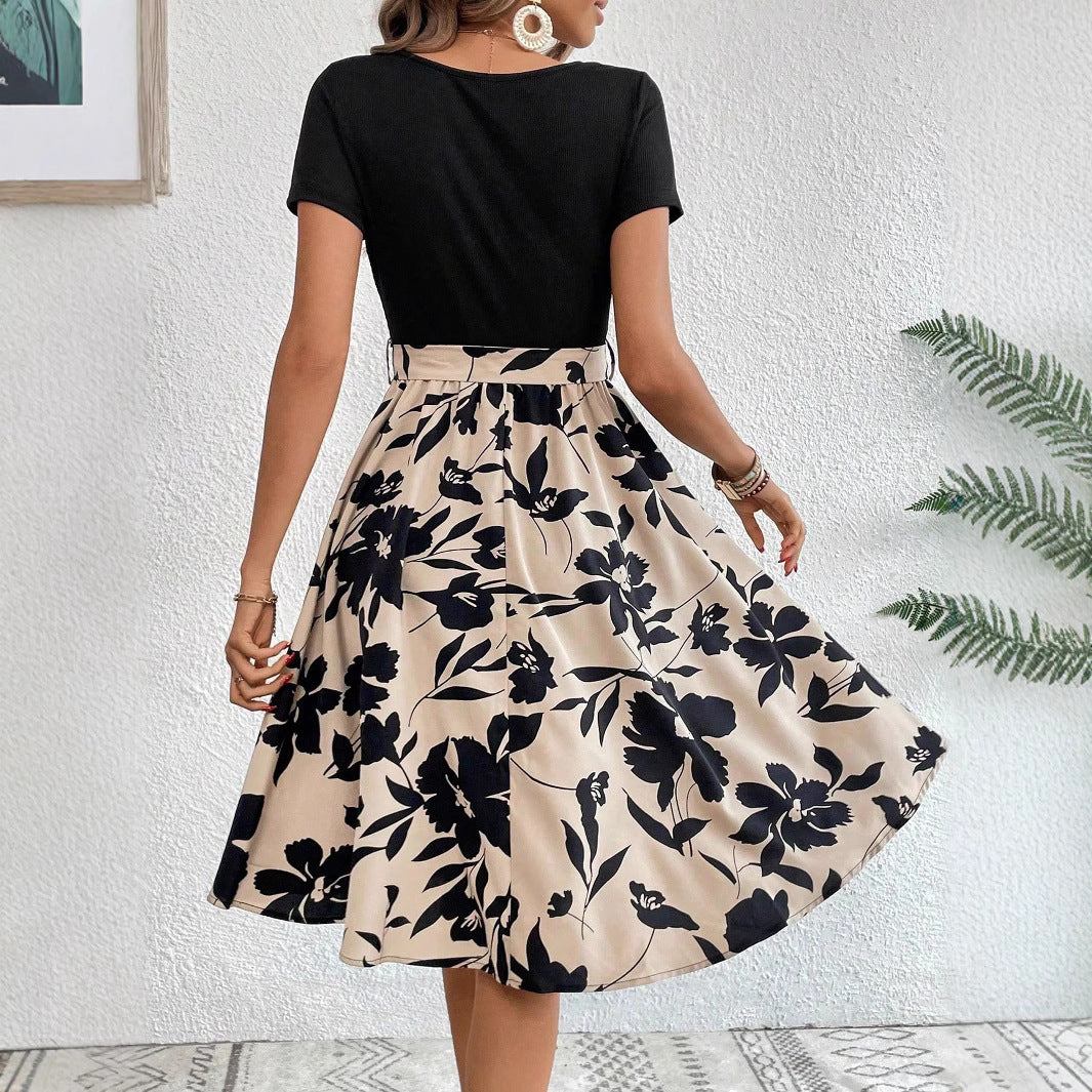 Laura Aesthetic Women's a Line Dress with Floral Skirt and Waist Belt Premium Wardrobe Essential