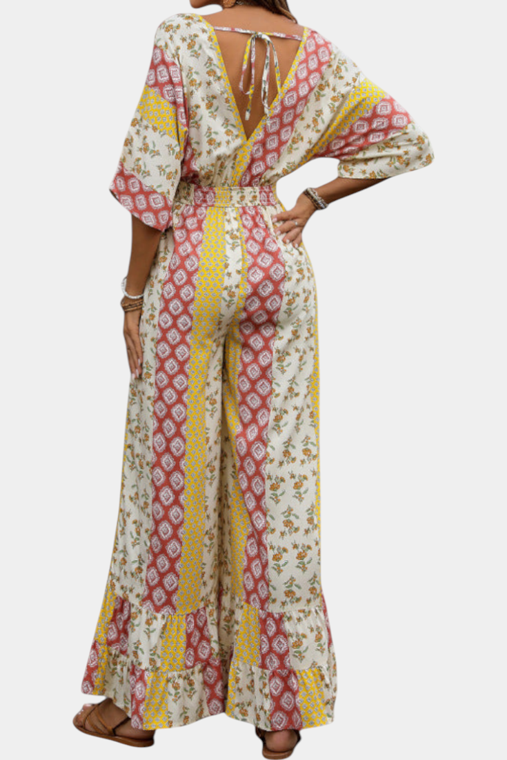 Bohemian Floral V-Neck Smocked Waist Maxi Dress