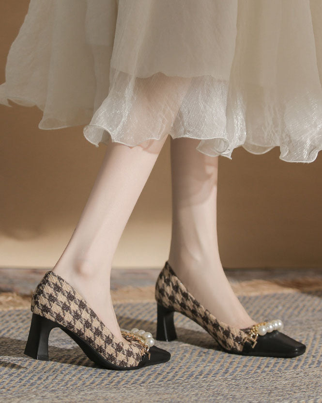 Pearl-Embellished Chunky Heel Plaid Velvet Shoes
