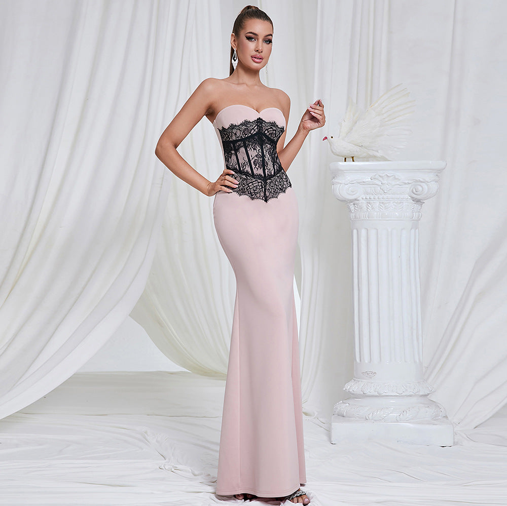 Strapless Sweetheart Neck Lace Corset Waist Mermaid Maxi Dress 2