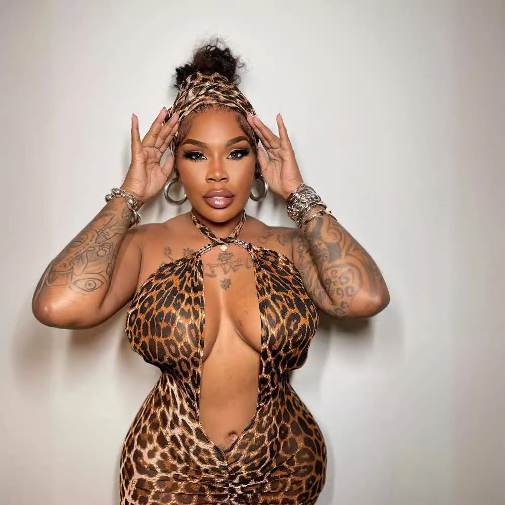Leopard Print Cross Halter Plunge Cut Out Ruched Bodycon Maxi Dress 3