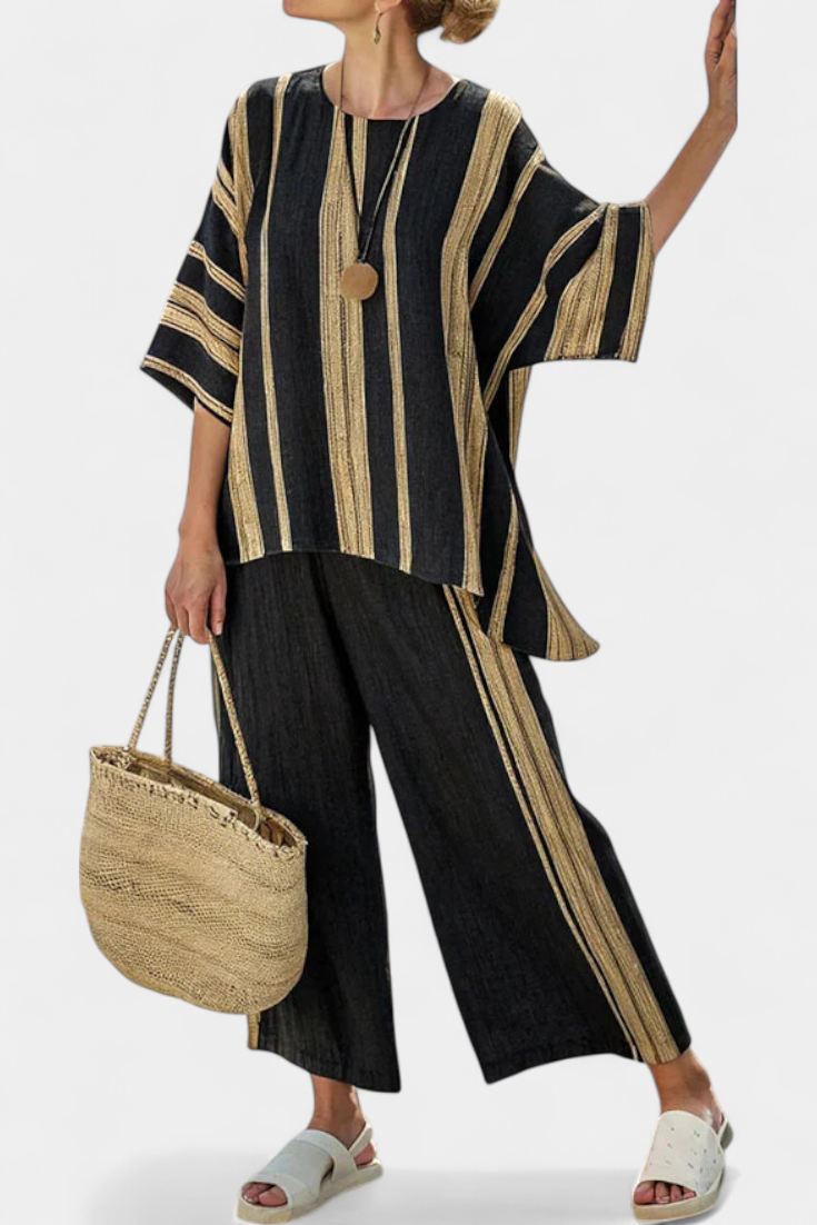 Striped Short Sleeve Top and Wide Leg Pants Two Piece Set
