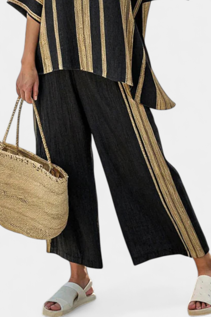Striped Short Sleeve Top and Wide Leg Pants Two Piece Set