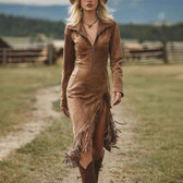 Faux Suede Long Sleeve Fringe High Split Bodycon Midi Dress