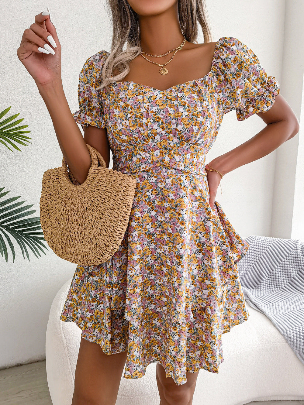 Floral Sweetheart Neck Puff Sleeve Wrap Waist A-Line Mini Dress 4