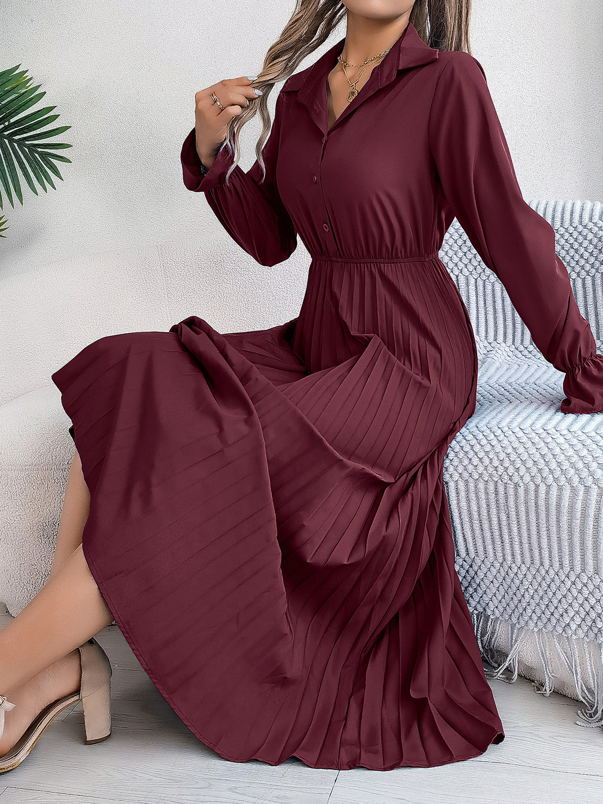 Collared Button Front Ruffle Cuff Long Sleeve Pleated Midi Shirt Dress 5