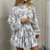 Floral Print High Neck Long Sleeve Tie Waist Tiered Mini Dress 6