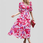 Abstract Print V-Neck Puff Sleeve Smocked Waist Midi Dress 3