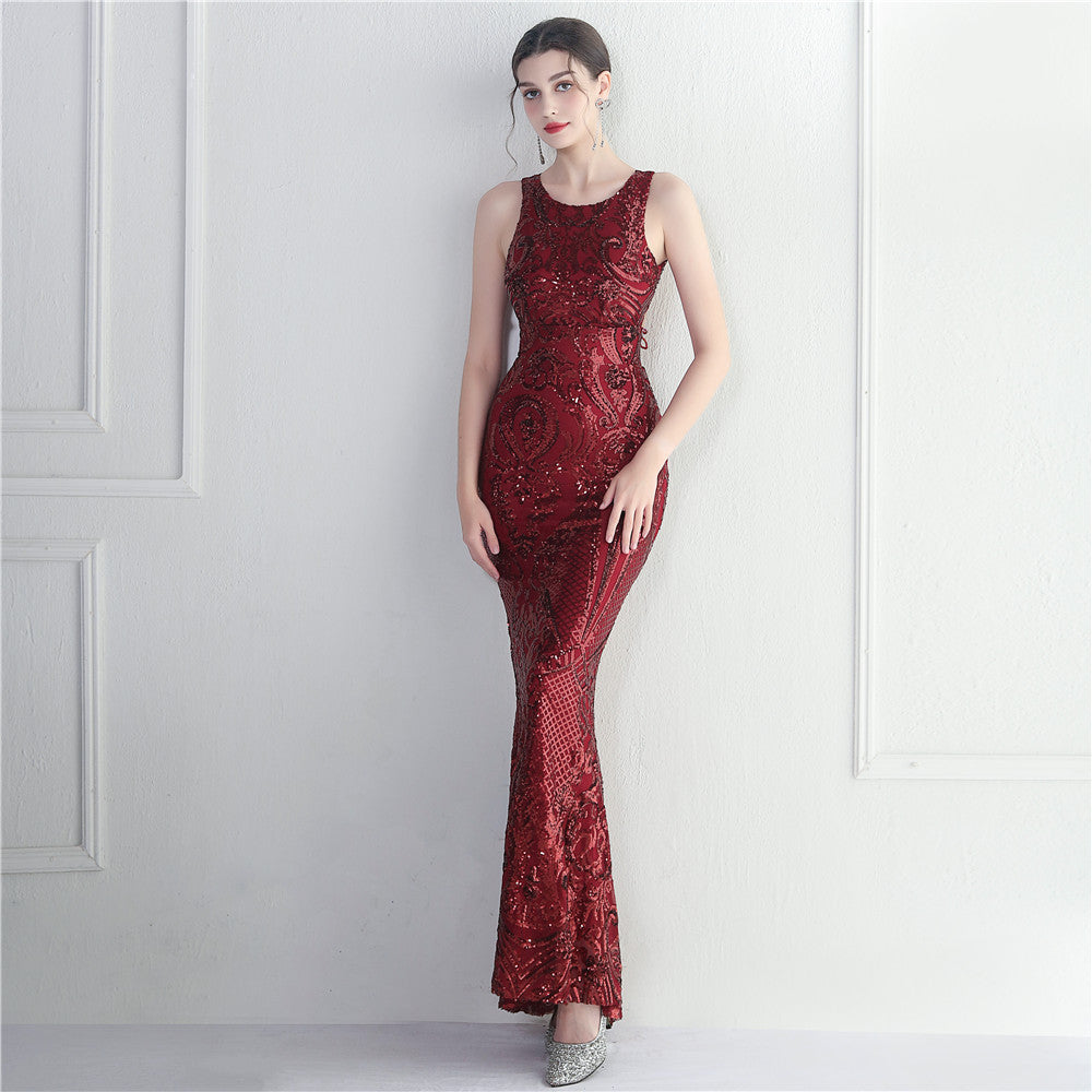 Damask Sequin Embroidered Sleeveless Open Back Mermaid Evening Gown 7