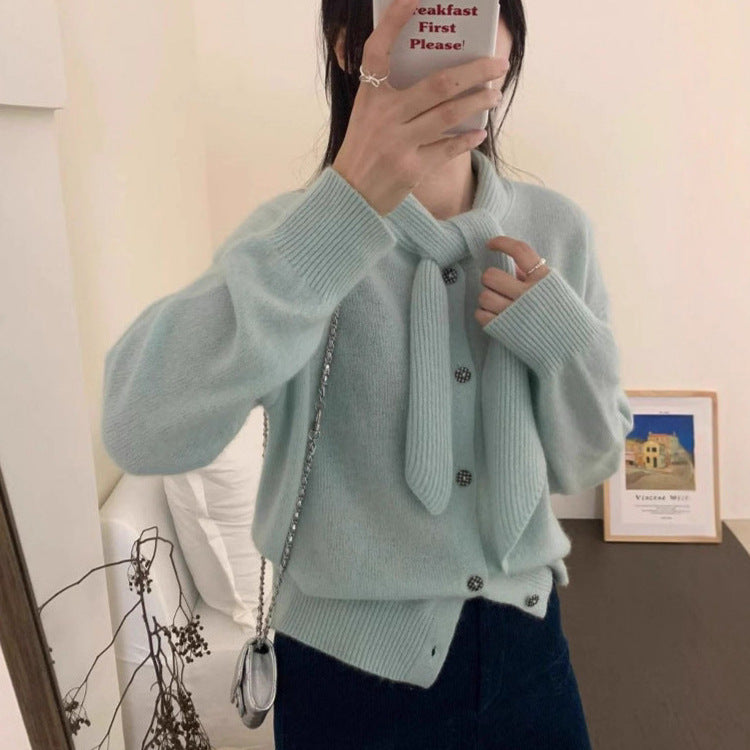 Tie-Neck Metal Button Knit Cardigan