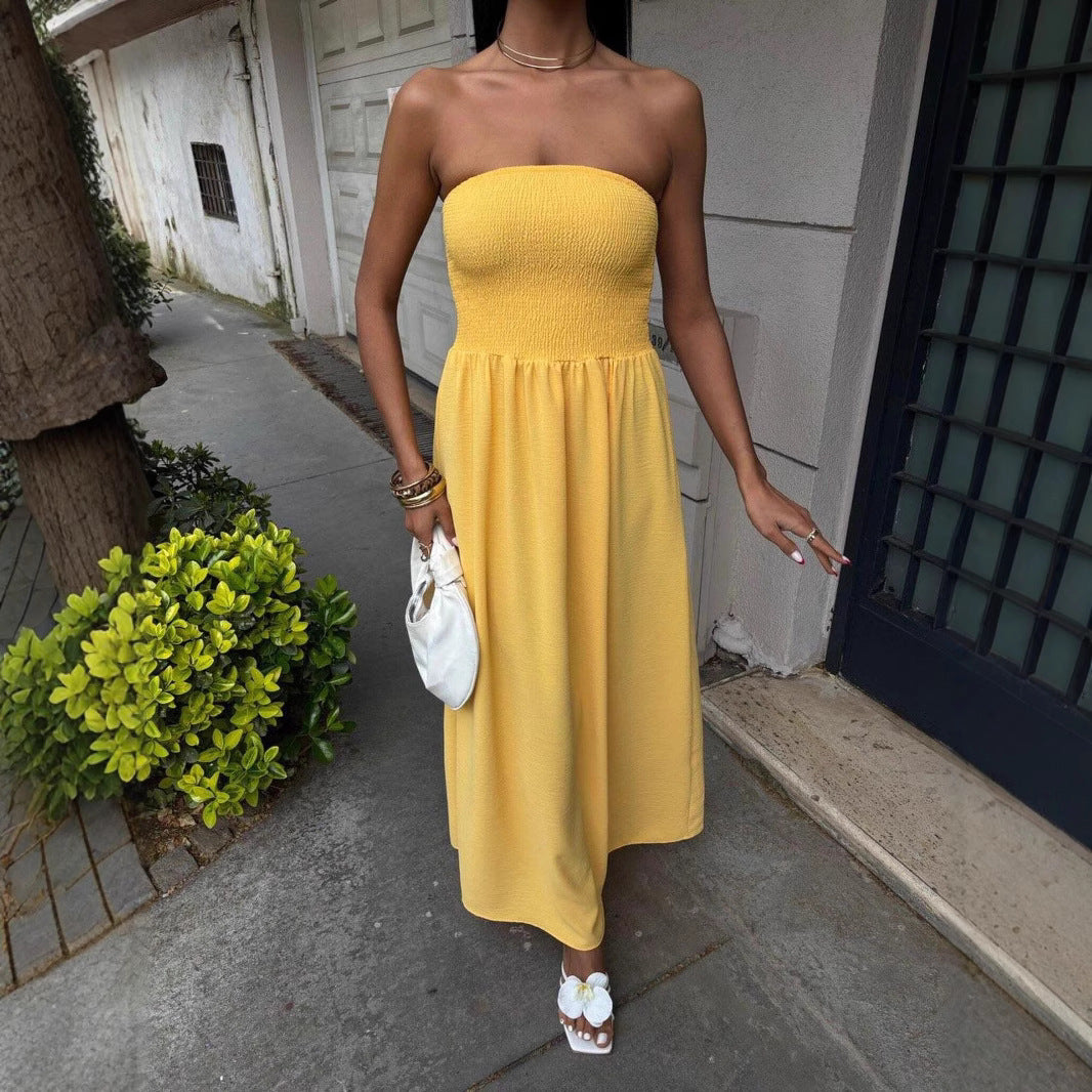 Women Clothing Summer Sexy Wrapped Chest Nipped Waist Solid Color Maxi Dress