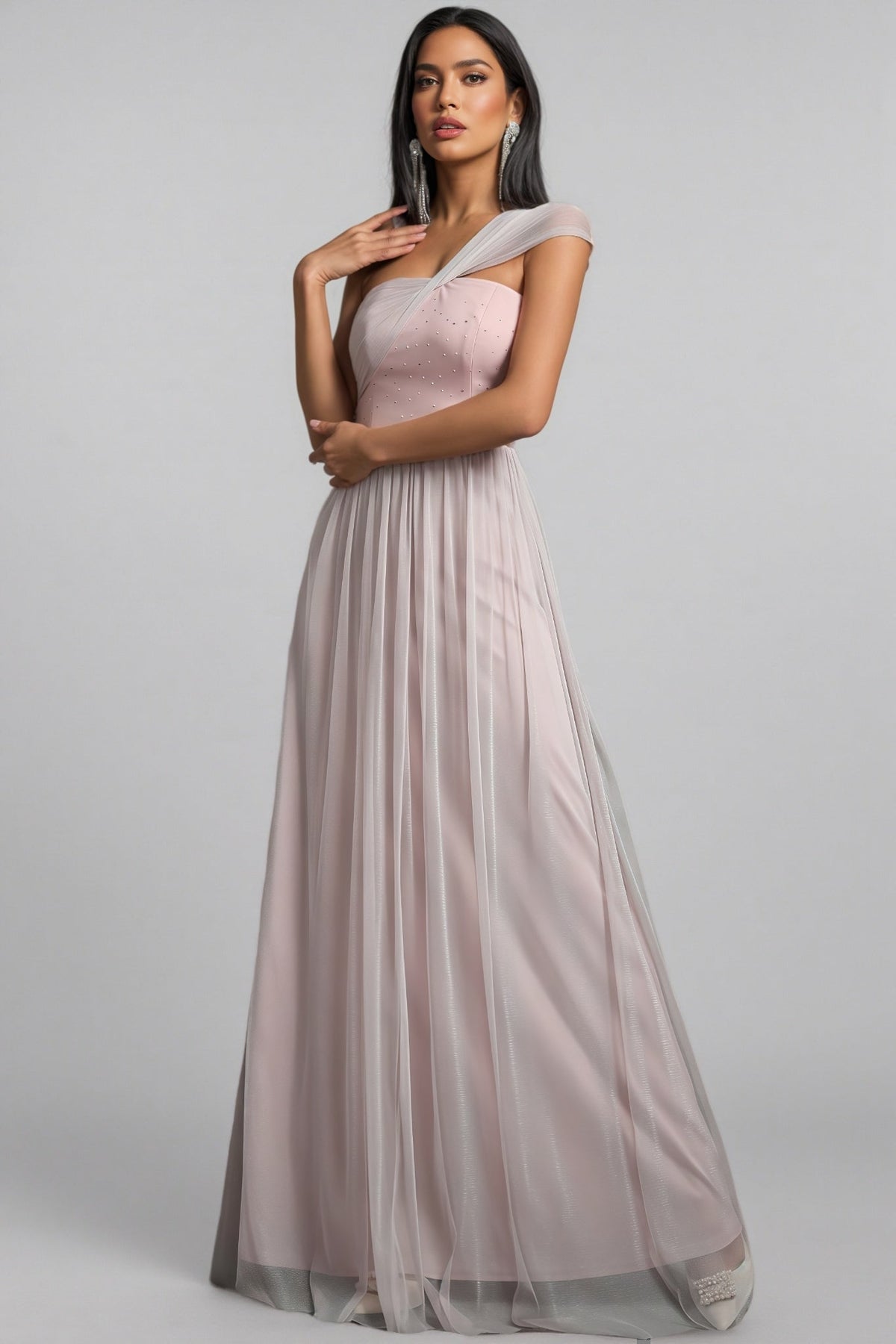 One Shoulder Twist Bust Beaded Bodice Tulle A-Line Maxi Dress