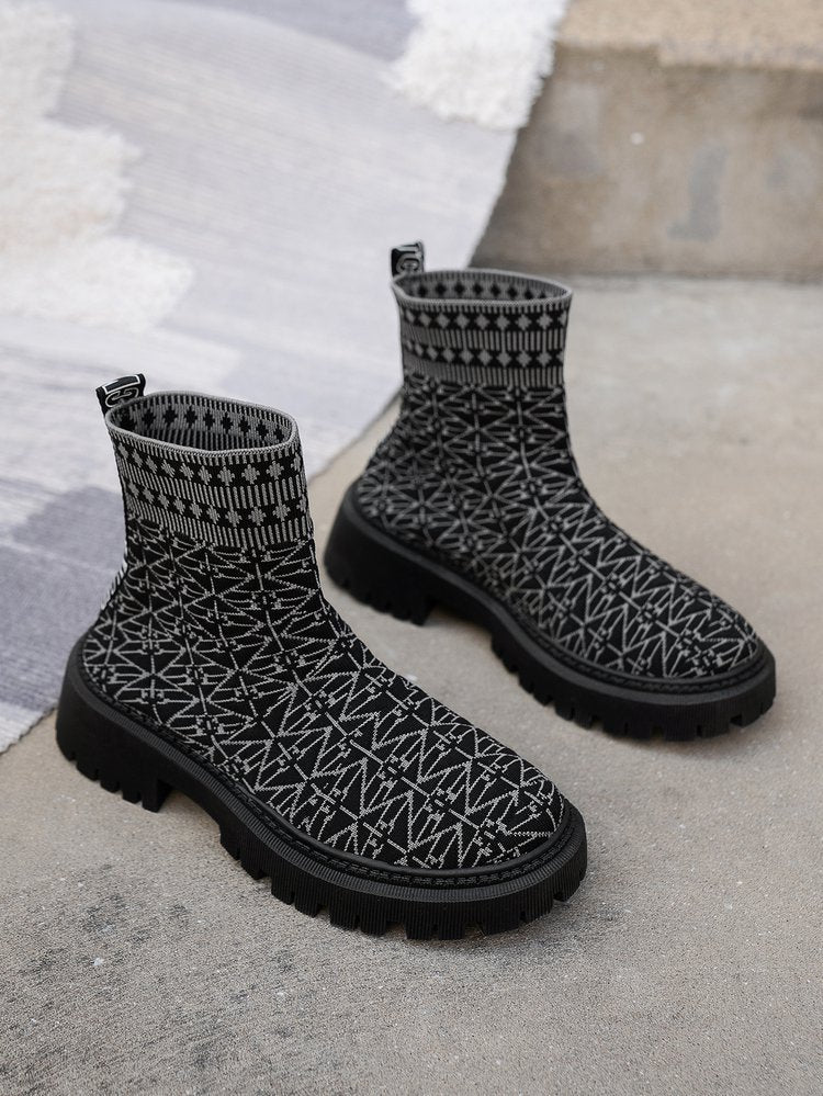 Geometric pattern flyknit stretch high-top chimney boots