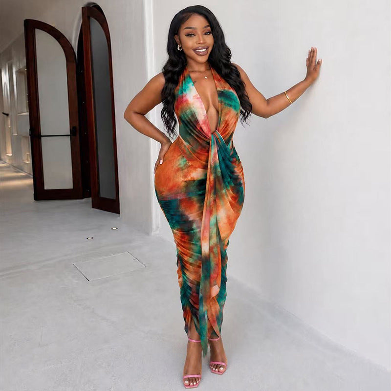 Vacation Casual Women Printed Design Halter Hip One Step Color Block V Neck Sleeveless Dress