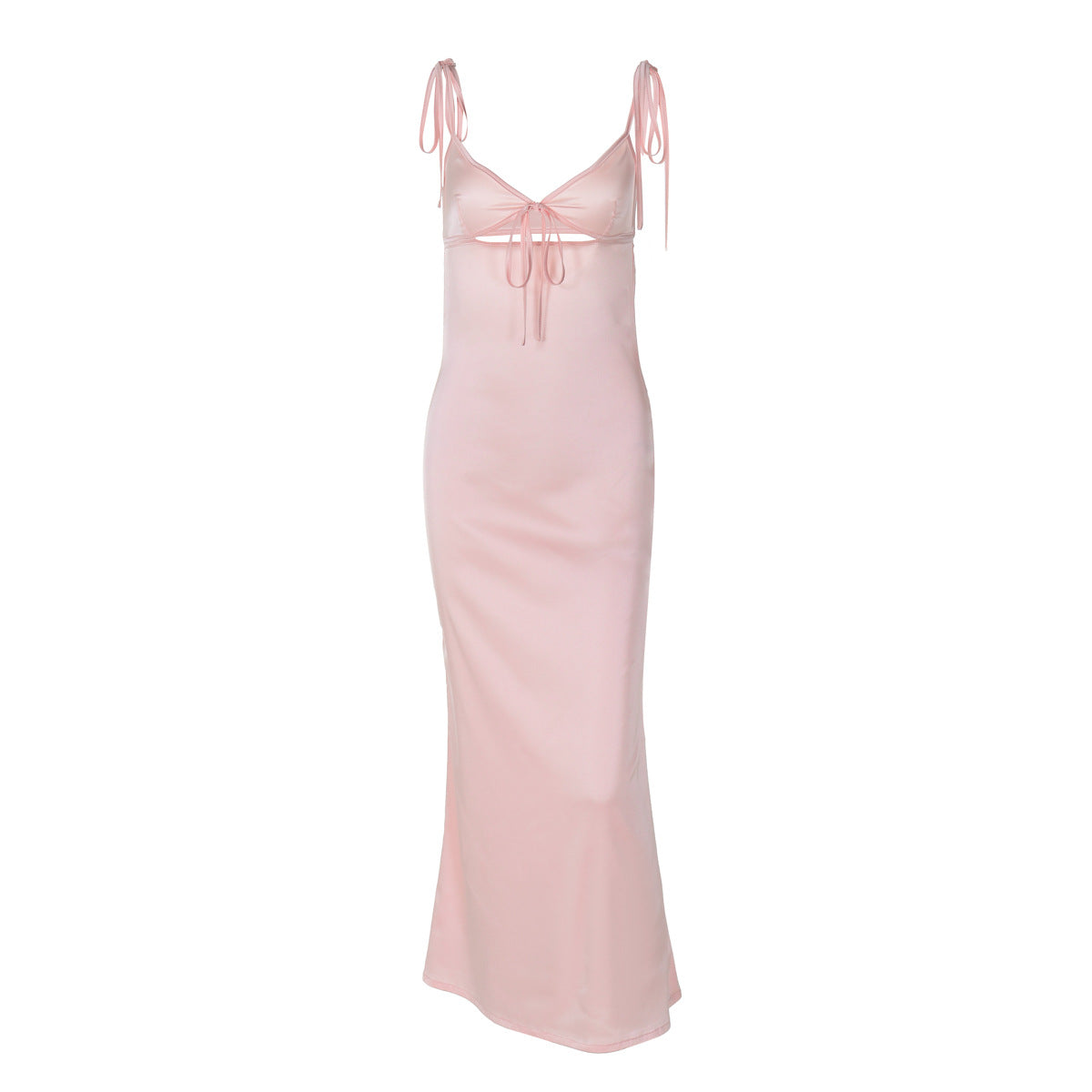 Satin V-Neck Tie Front Cut Out Tie Shoulder Slip Midi Dress 5