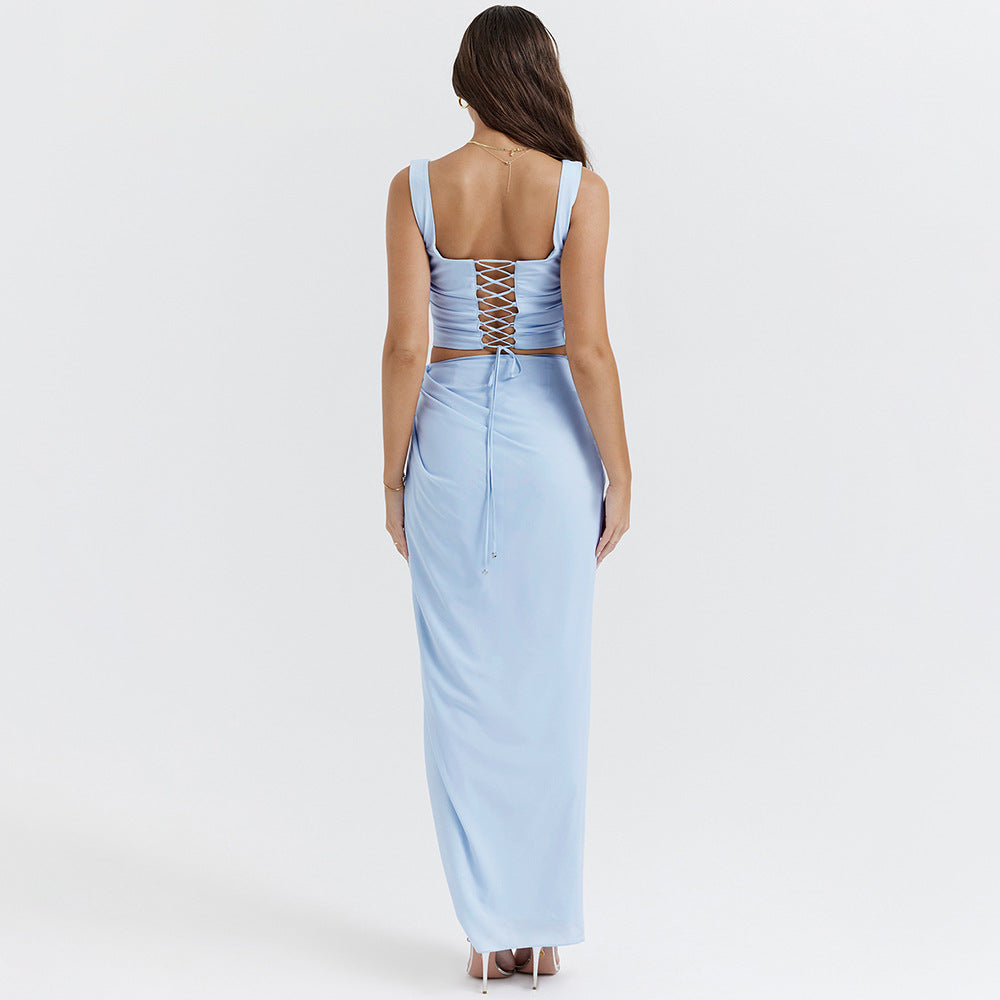Chiffon Printed Spaghetti Straps Cropped Top Skirt Split Dress Two Piece Sets