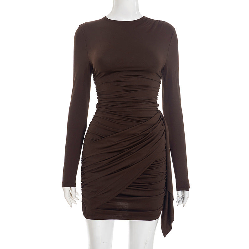 Crew Neck Long Sleeve Ruched Side Drape Tie Bodycon Mini Dress 6