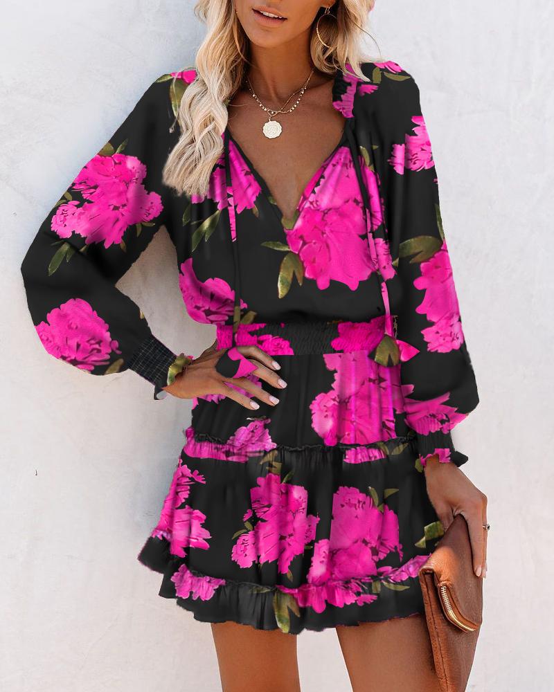 Floral V-Neck Long Sleeve Tiered Ruffle Mini Dress 2