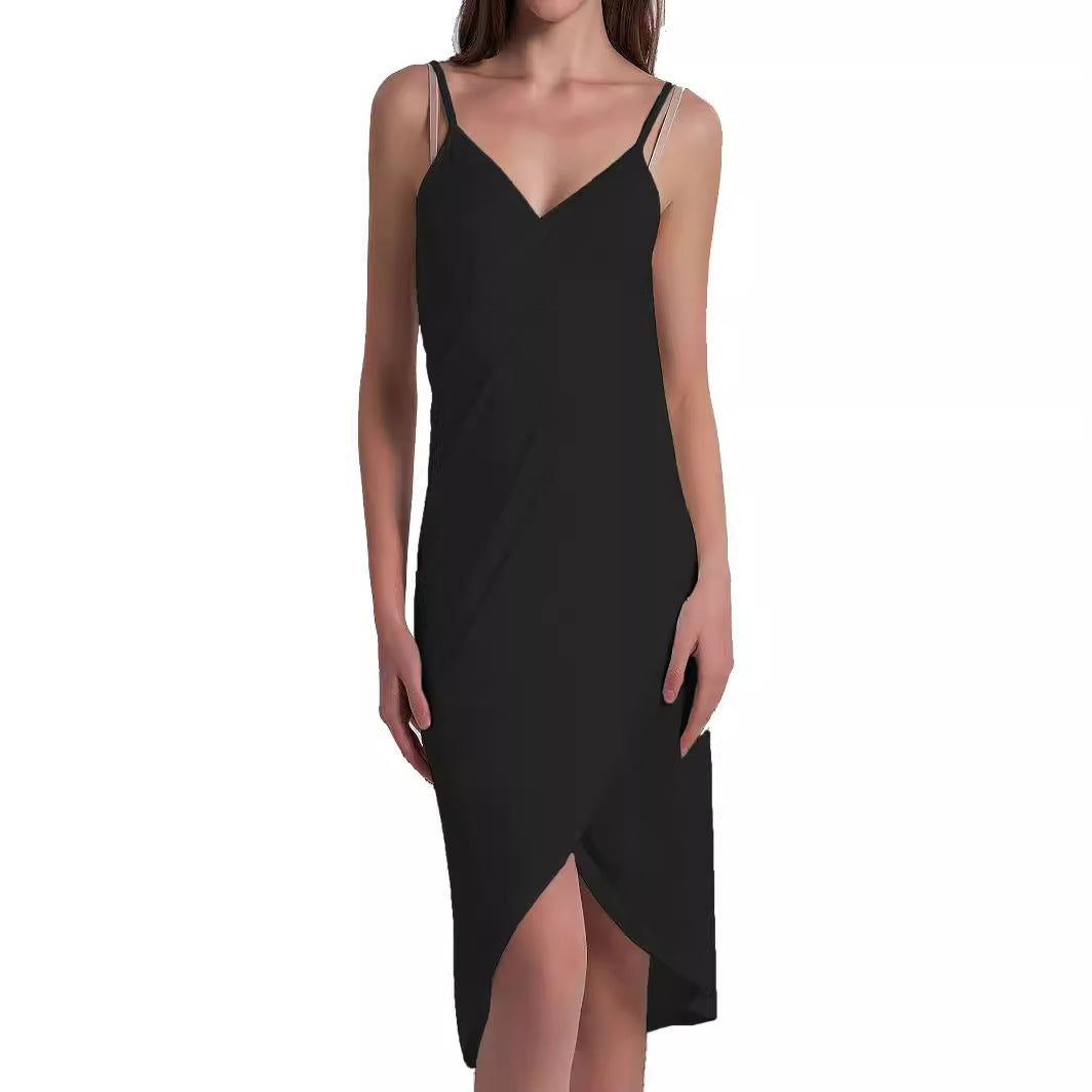 V-Neck Spaghetti Strap Wrap Front Tulip Hem Midi Dress