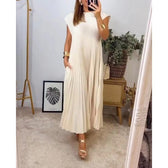High Neck Cap Sleeve Pleated Loose Maxi Dress 6