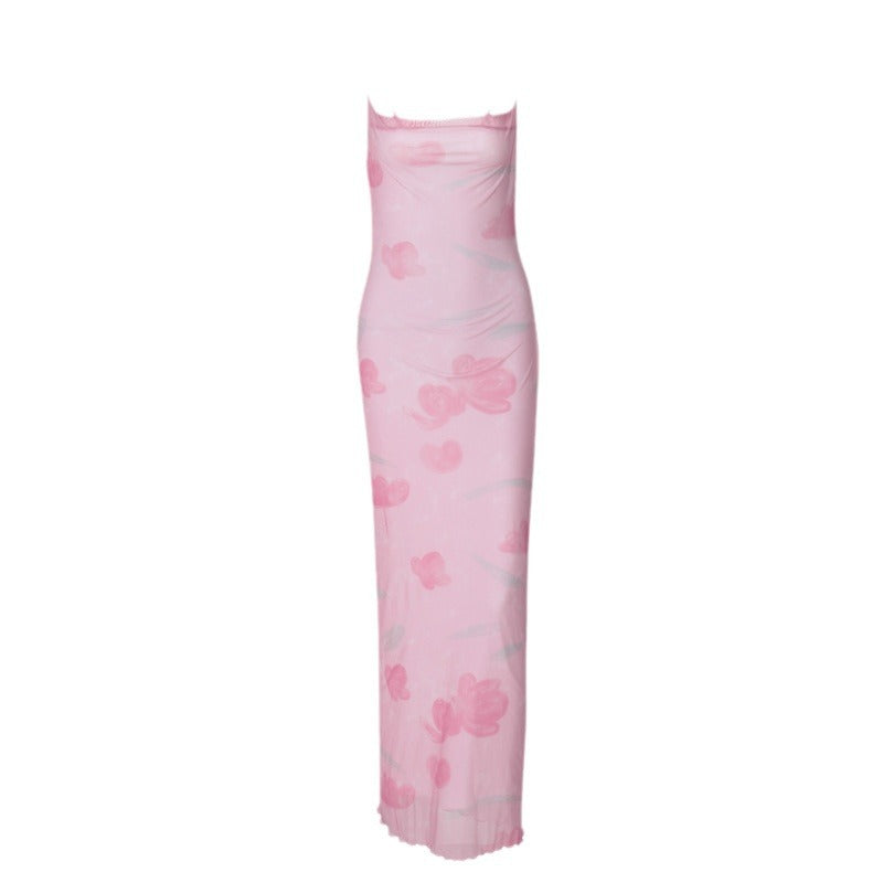 Women Clothing Summer Sexy Sweet Spicy off Neck Mesh Floral Print Long Sling Dress