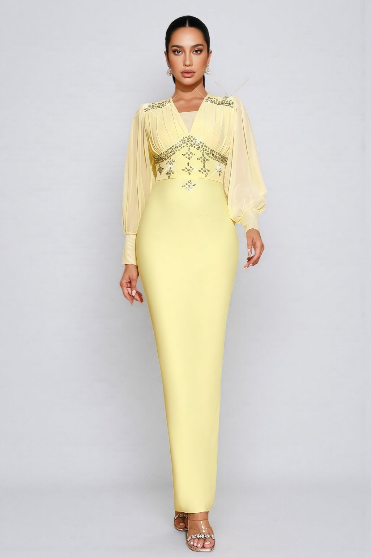 Rhinestone Embellished V-Neck Sheer Lantern Sleeve Column Maxi Dress