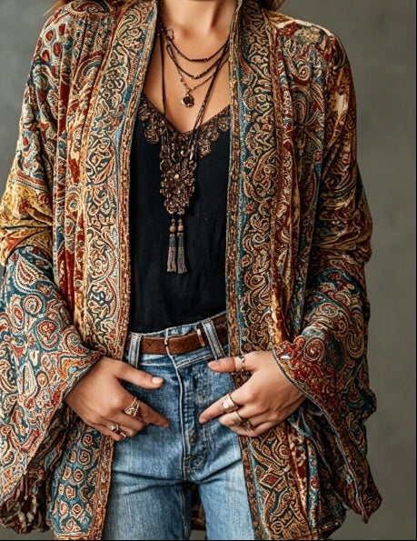 Paisley Velvet Boho Open Front Kimono Cardigan
