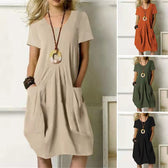 V-Neck Short Sleeve Pocket Loose Cocoon Midi Dress