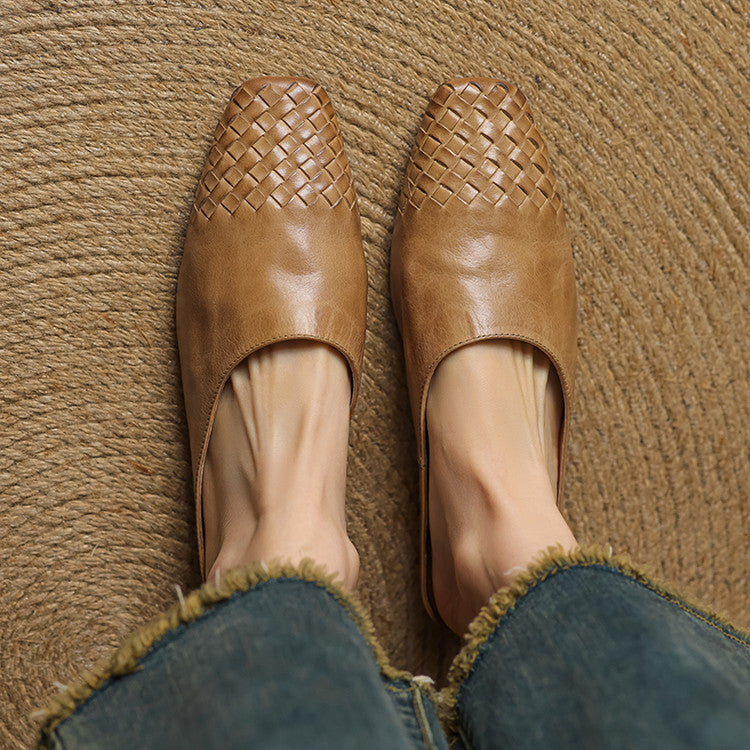 Square Toe Woven Detail Flat Leather Mules