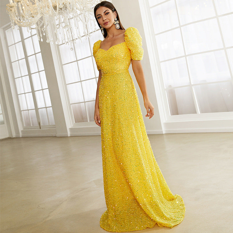Slim Fit Sexy Catwalk Flash Short Sleeved Fishtail Bridesmaid Dress Evening Dress Women Dress
