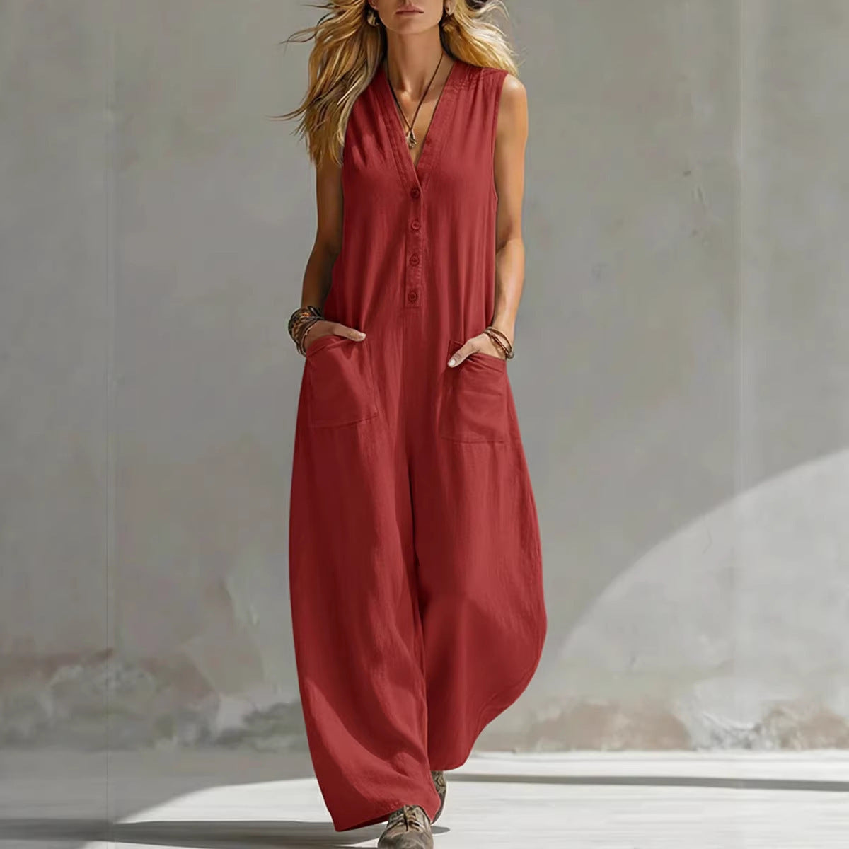 V-Neck Sleeveless Button Front Wide Leg Jumpsuit with Pockets