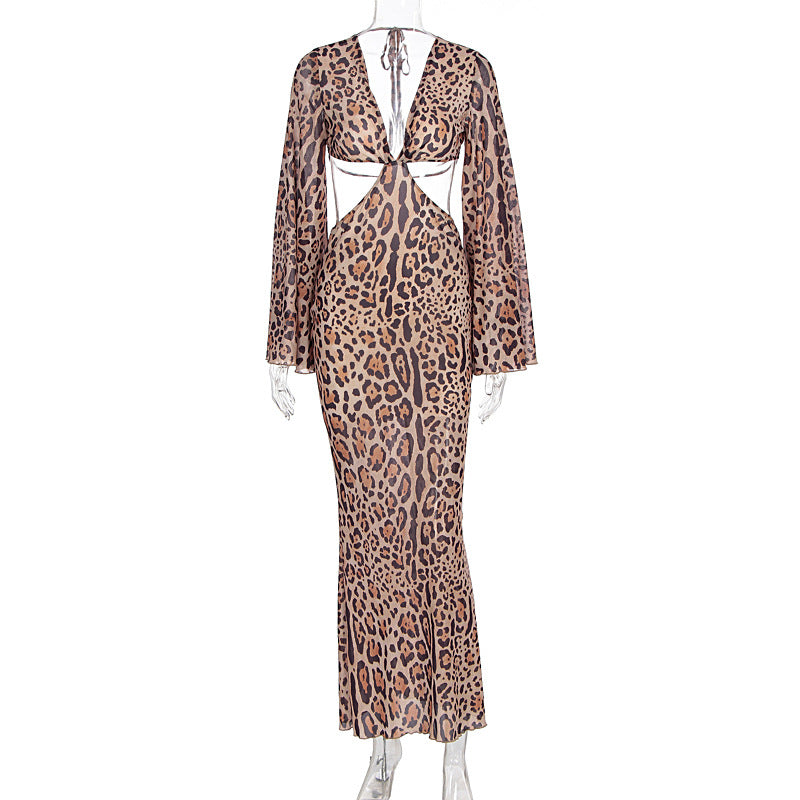 Leopard Print Plunge V-Neck Bell Sleeve Cut Out Waist Maxi Dress 2