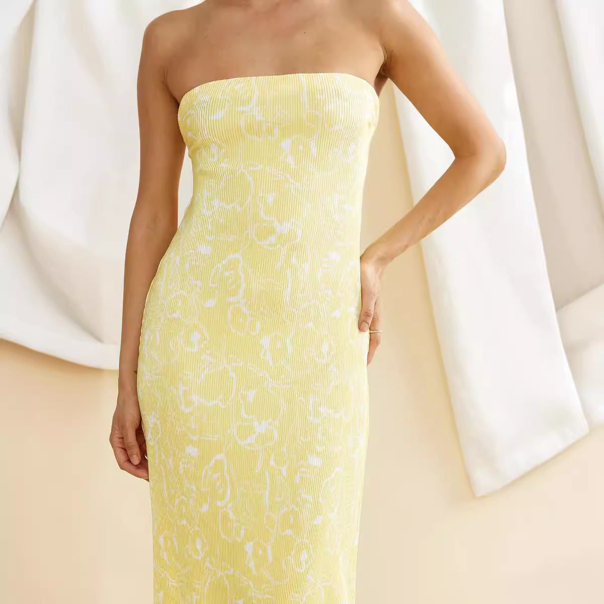 Spring Summer Women Tube Top Printed Pleated Drape Self Tie Dress